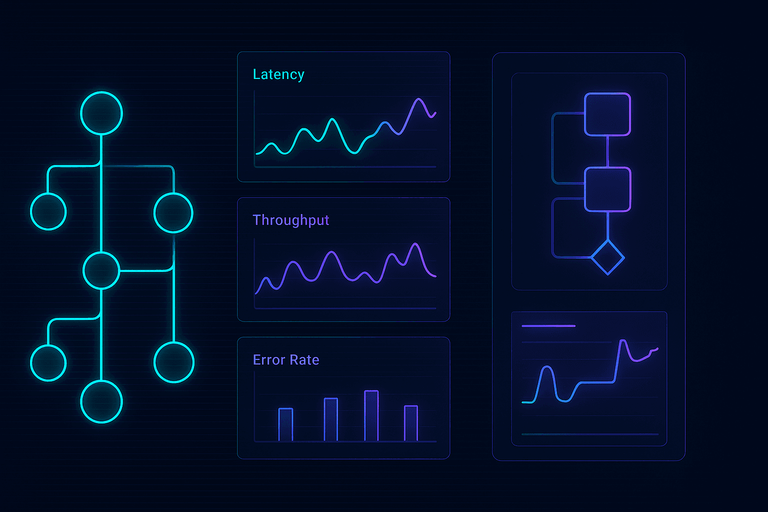 Realtime deployment graph, model metrics, and pipeline status in a neon UI