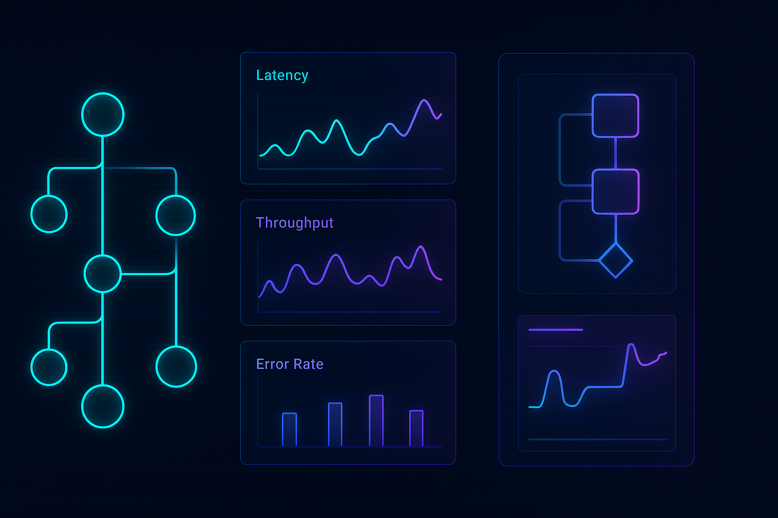 Realtime deployment graph, model metrics, and pipeline status in a neon UI